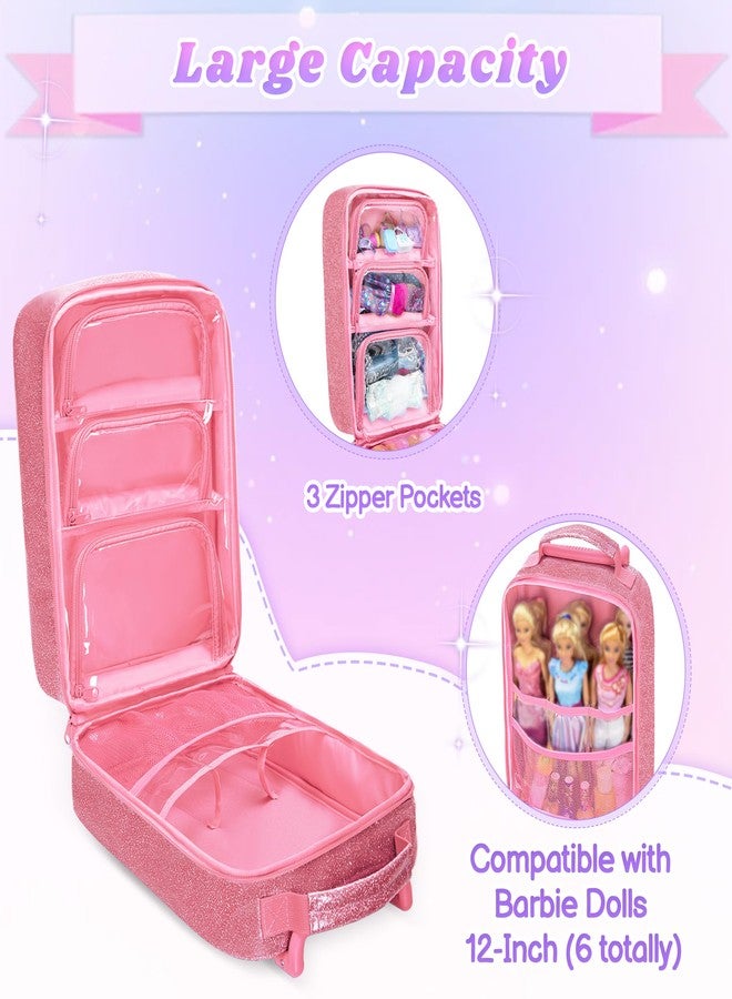 LoDrid Travel Backpack Compatible with Barbie Dolls 12-inch, Doll Carrying Case with Wheels, Suitcase Storage Organizer with Multiple Pockets for Doll Clothes and Accessories, Pink, Bag Only - Image 4